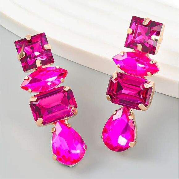Pink Rhinestone Drop Earrings - Picture 1 of 4